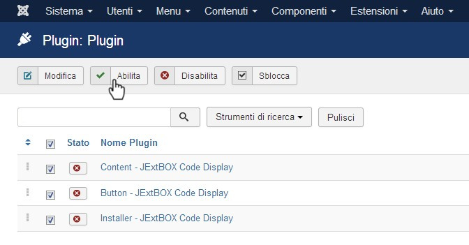 JExtBox Code Display attivazione plugin 2