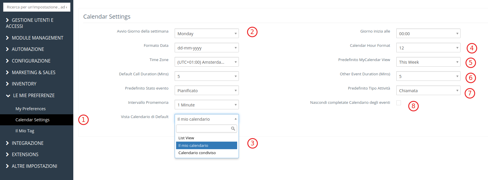 gestione calendario vitger modifica impostazione