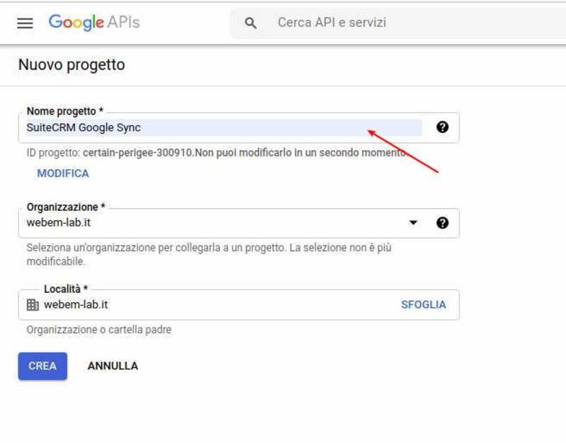 suitecrm come integrare google calendar 03 nome progetto