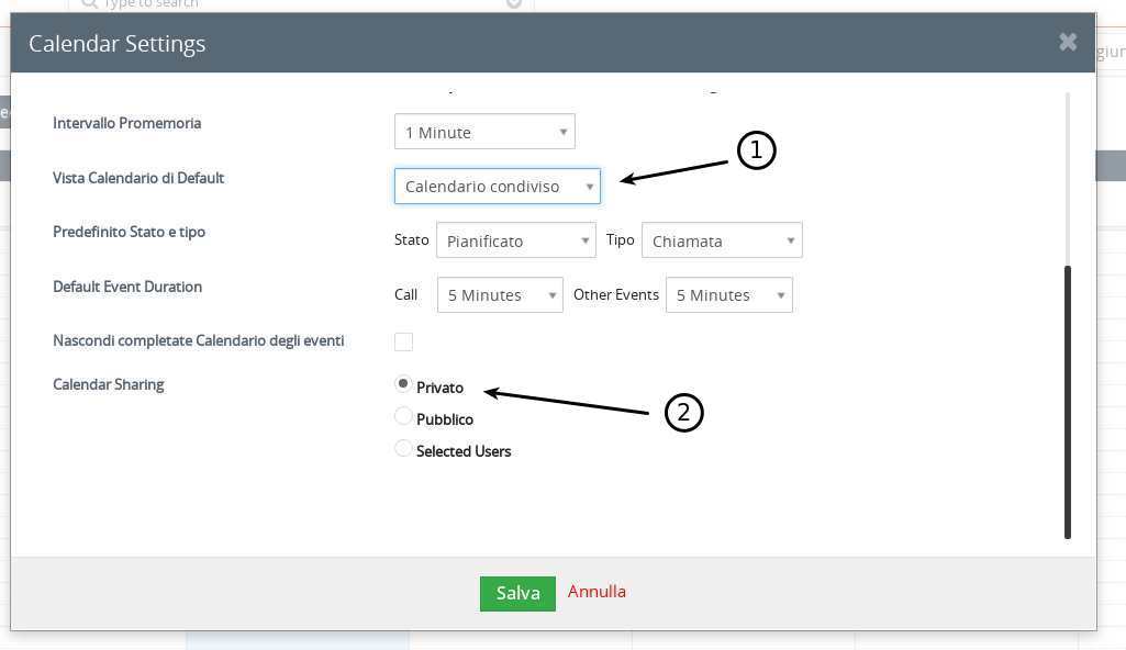 visibilita dei calendari ruoli calendar settings direttore vendita