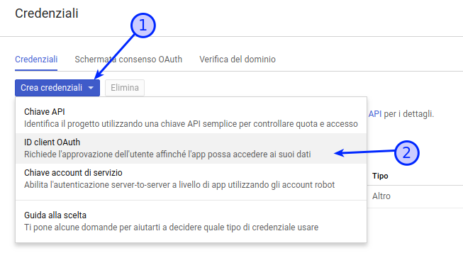 google drive api creare app aggiungi credenziali 1