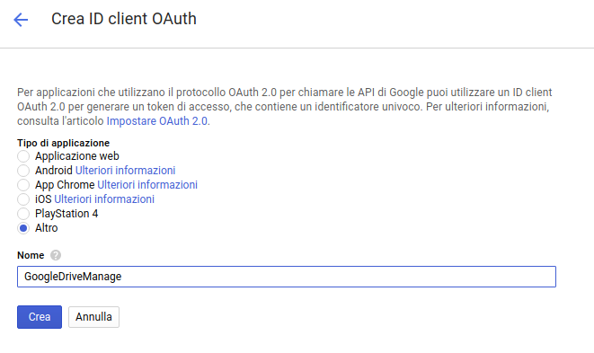 google drive api creare app aggiungi credenziali 2